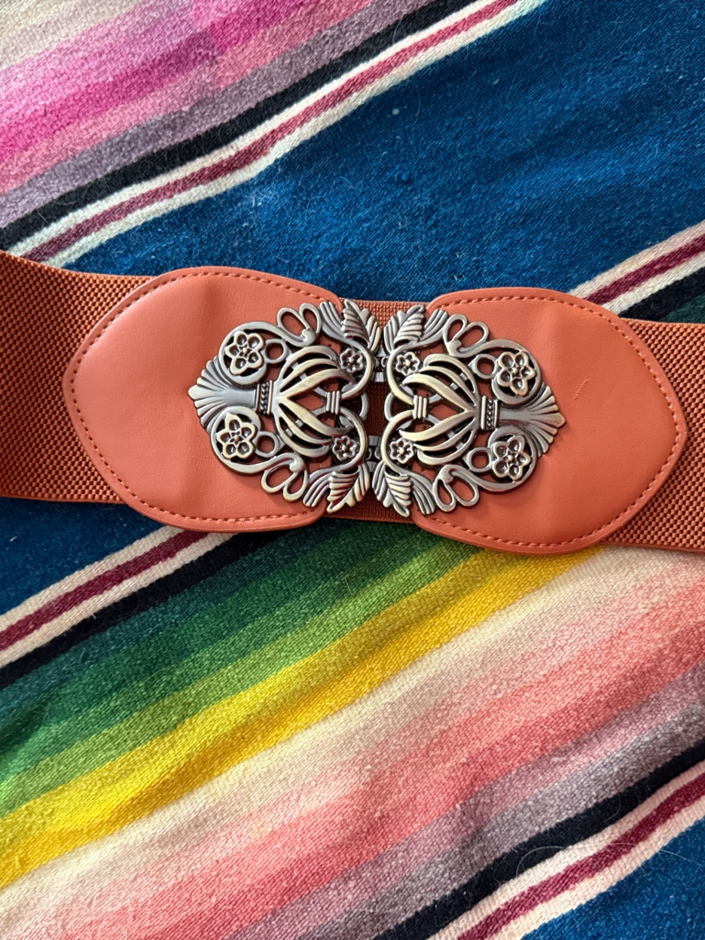 Stretch Waist Belt with Ornate Silver-Tone Buckle - Brown/Orange